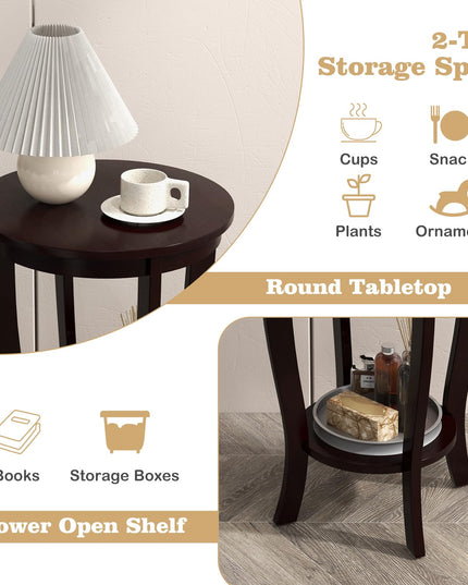 Giantex Round End Table with Storage Shelf Set of 2, Retro Nightstand with Solid Wood Legs, 24.5" Accent Table for Small Spaces