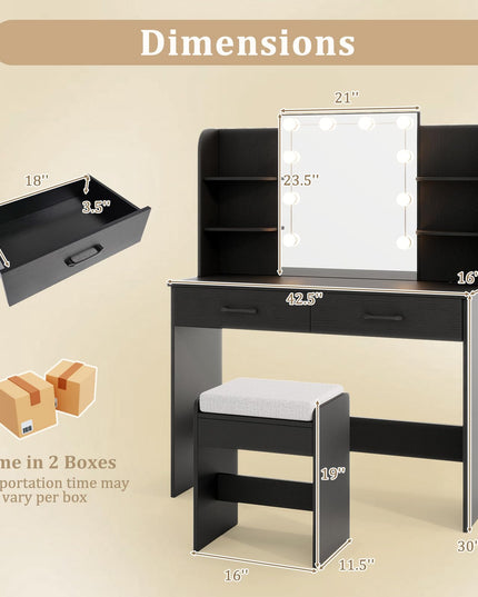 CHARMAID Vanity Desk with Mirror and Lights, Black Makeup Vanity Table with Large Drawers, Storage Shelve