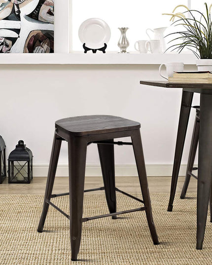 Giantex Tolix Style Dining Stools with Wood Seat and Backrest, Industrial Metal Counter Height Stool