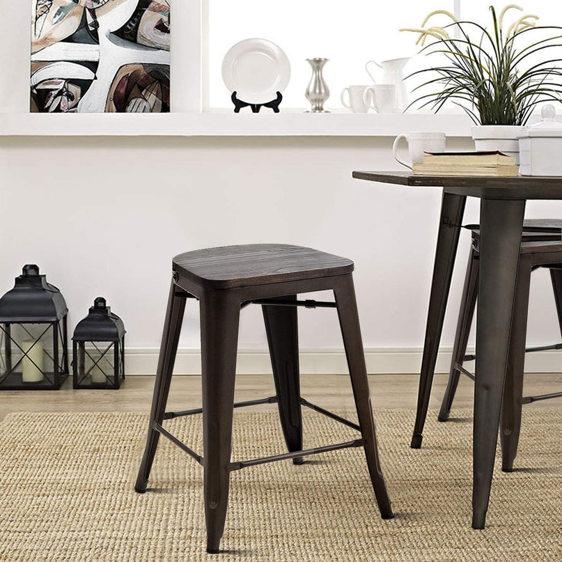 Giantex Tolix Style Dining Stools with Wood Seat and Backrest, Industrial Metal Counter Height Stool
