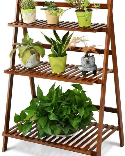 Giantex 3 Tier Folding Storage Shelf, Bamboo Ladder Plant Stand