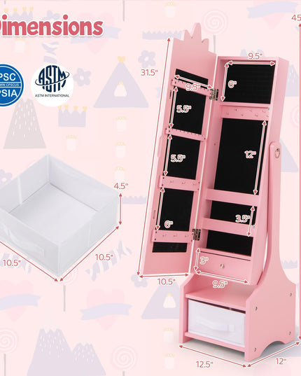 CHARMAID Kids Mirror Jewelry Cabinet - 45.5" Standing Jewelry Armoire with Full Length Mirror