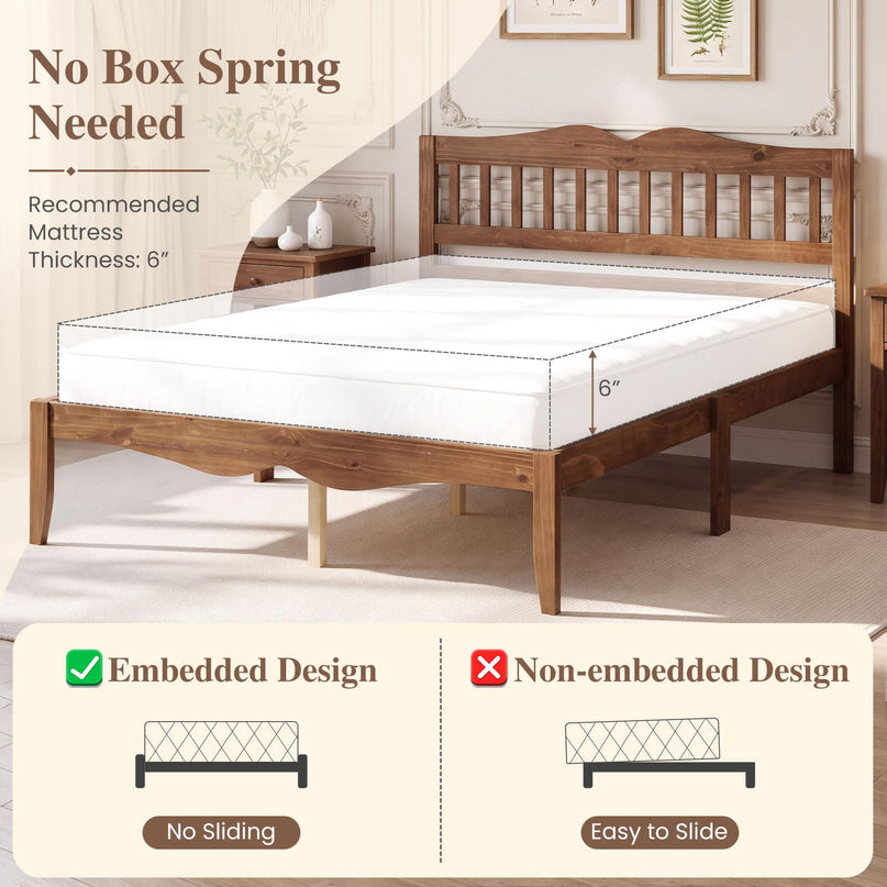 GIANTEX Full/Queen Size Wooden Bed Frame with Slatted Headboard