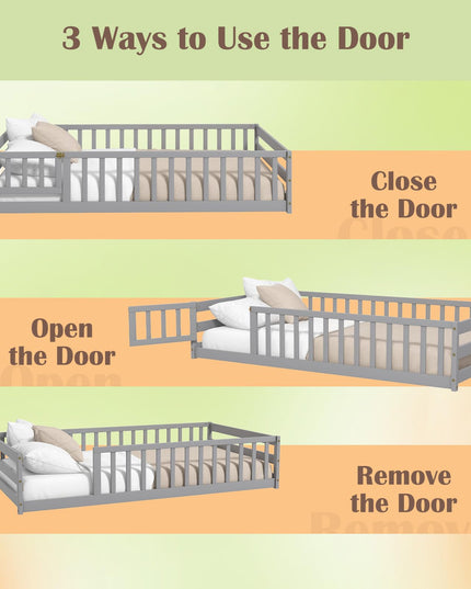 Giantex Twin Floor Bed with Door & Fence, Kids Wood Montessori Bed with Safety Guardrails