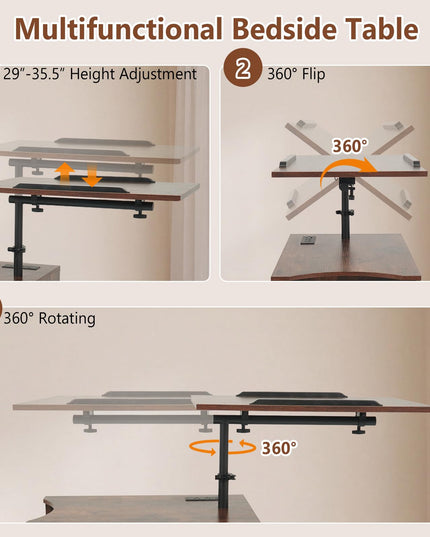 GIANTEX LED Rolling Nightstand with Charging Station & Laptop Tray