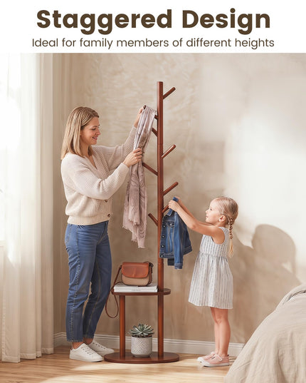 Giantex Coat Rack Freestanding | 70" Solid Wood Clothing Rack with 8 Hooks and 2 Storage Shelves