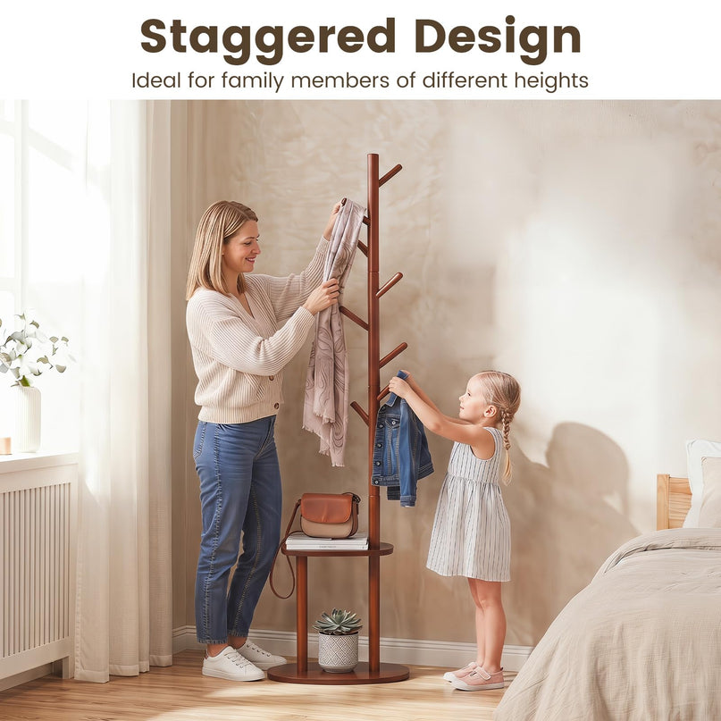 Giantex Coat Rack Freestanding | 70" Solid Wood Clothing Rack with 8 Hooks and 2 Storage Shelves