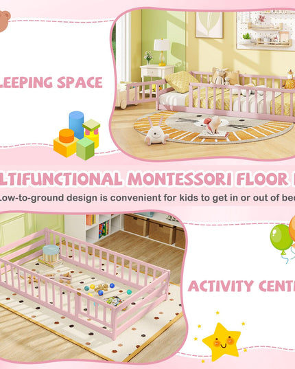 Giantex  Floor Bed with Door & Fence Kids Wood Montessori Bed