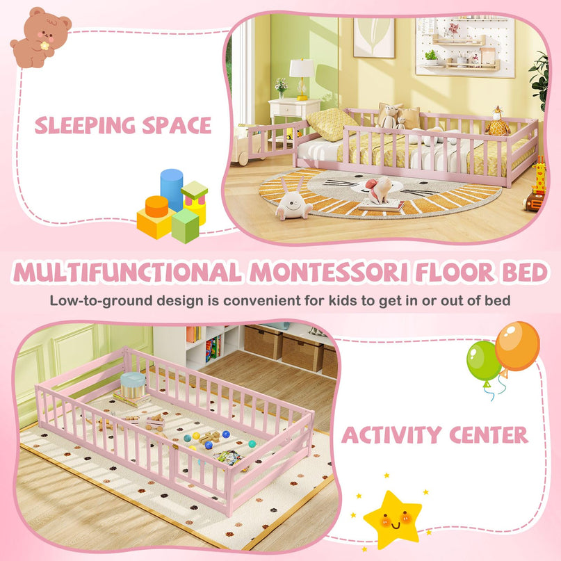Giantex  Floor Bed with Door & Fence Kids Wood Montessori Bed