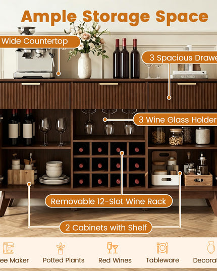 GIANTEX 60" Fluted Wine Bar Cabinet with 3 Stoarge Drawers & Wine Rack