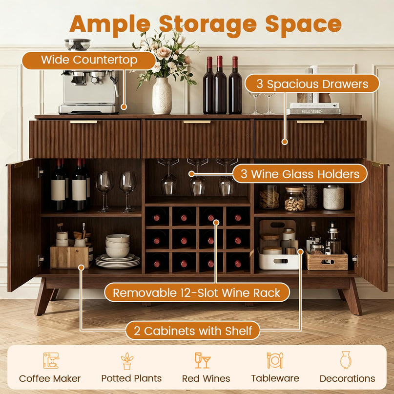 GIANTEX 60" Fluted Wine Bar Cabinet with 3 Stoarge Drawers & Wine Rack