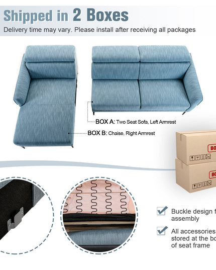 Giantex L-Shaped Sofa Couch, 3-Seat Upholstered Sofa with Wide Chaise Lounge, Adjustable Headrest, Blue