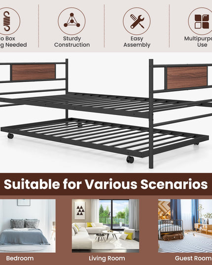 Giantex Metal Daybed with Trundle, Twin Size Day Bed with Wood Grain Headboard & Metal Slat Support