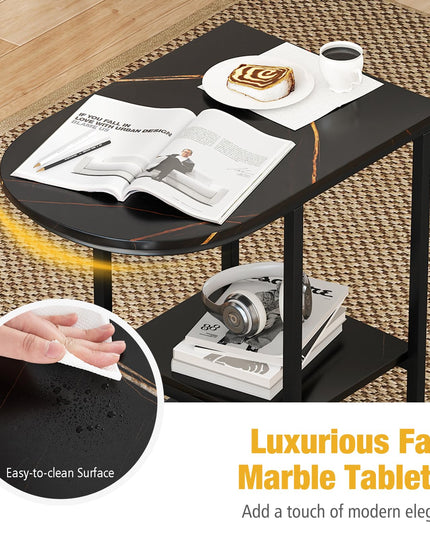 Giantex C Shaped End Table with Faux Marble Tabletop & Storage Shelf