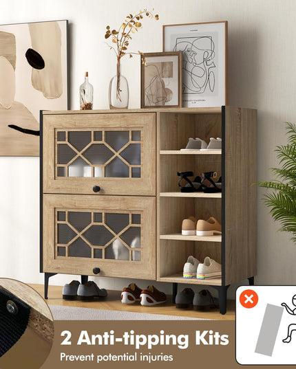 Giantex Shoe Cabinet with Flip & Slide Doors, Shoe Storage Cabinet with Adjustable Cube Shelves(Decorative Doors)
