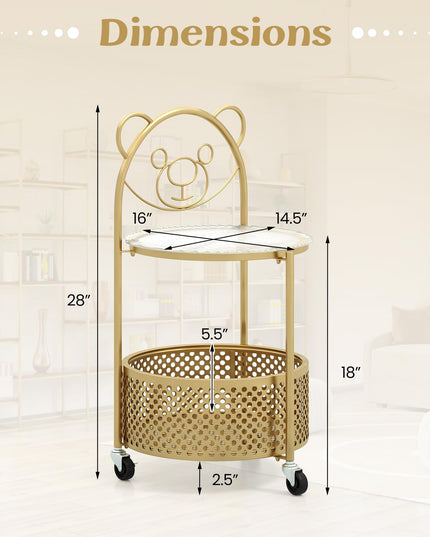 Giantex Mobile Glass Coffee Table, 2-Tier Round End Table with Bear Pattern, Storage Basket, Metal Frame