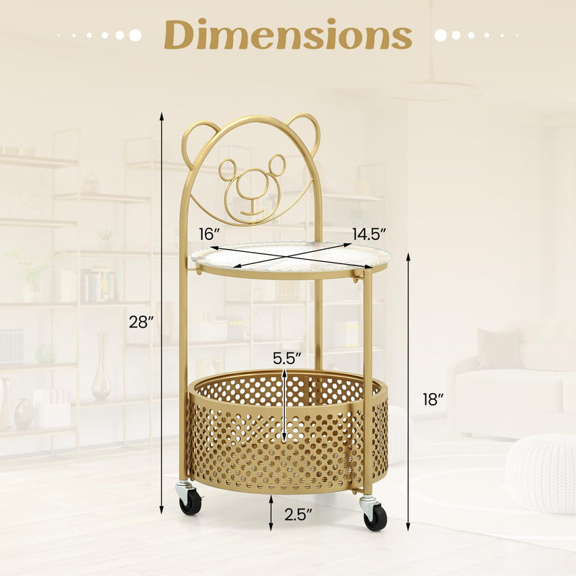 Giantex Mobile Glass Coffee Table, 2-Tier Round End Table with Bear Pattern, Storage Basket, Metal Frame