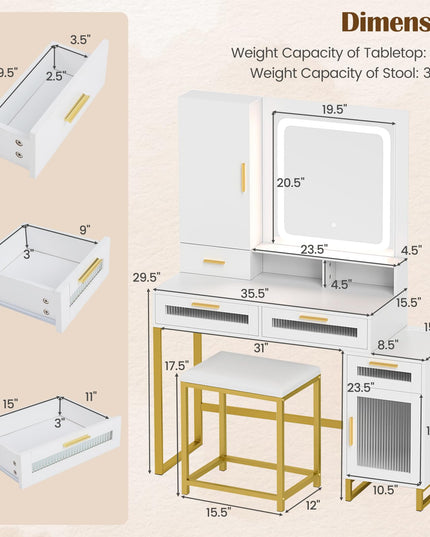 CHARMAID Vanity Desk with Mirror and Lights, White Makeup Vanity Desk with Jewelry Organizer