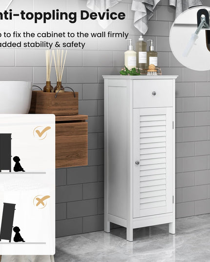 Giantex Bathroom Floor Storage Cabinet - Freestanding Side Cabinet with 1 Door, 1 Drawer & 3-Height Adjustable Shelf