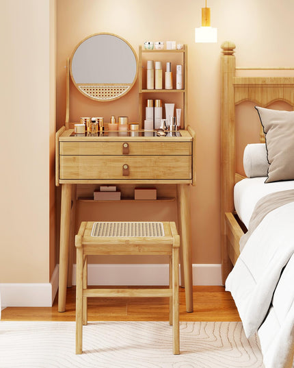 Small Bamboo Vanity Desk with Mirror and Stool for Bedroom Small Spaces