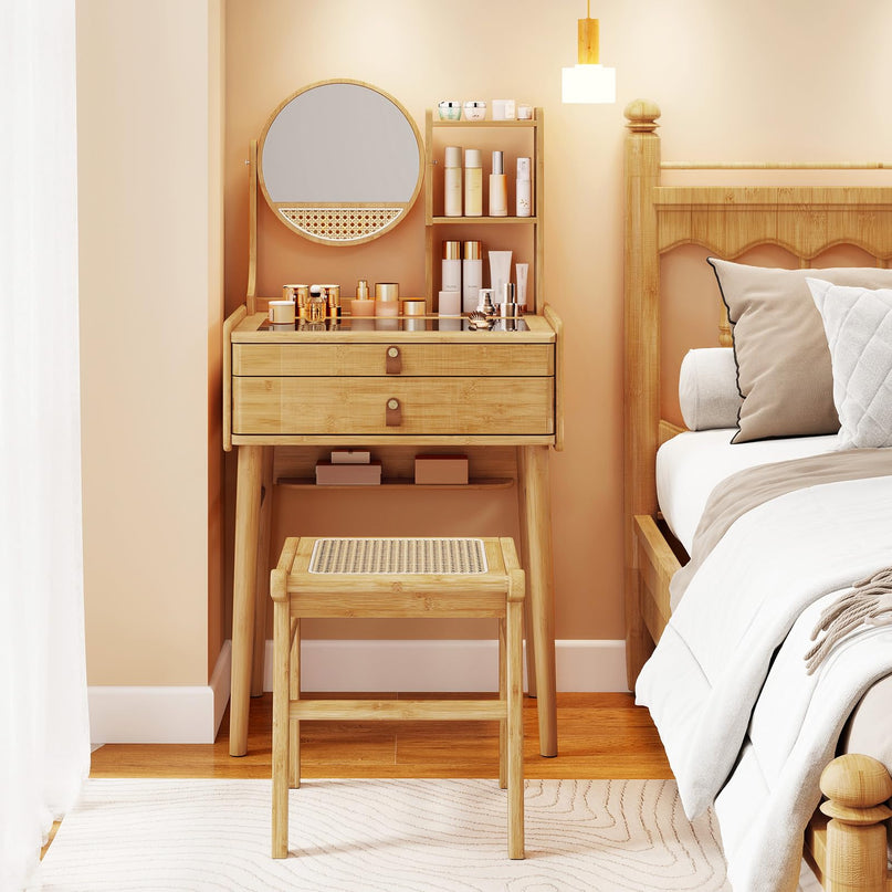 Small Bamboo Vanity Desk with Mirror and Stool for Bedroom Small Spaces