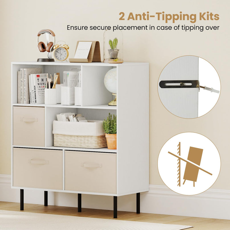 Giantex 3-Tier White Bookcase with 3 Removable Folding Fabric Drawers