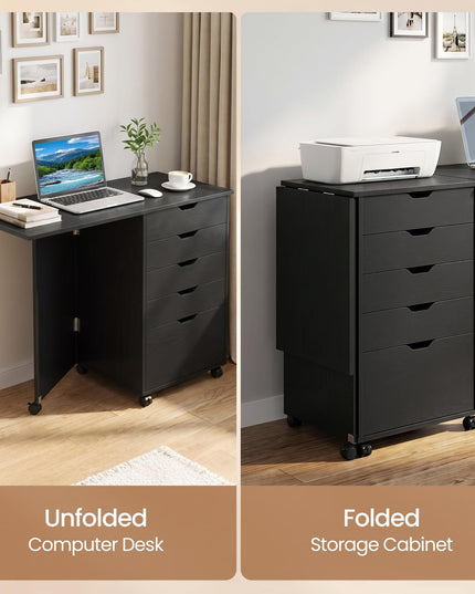 GIANTEX 5-Drawer Wood Compact Foldable Drop-Leaf Computer Desk with Wheels