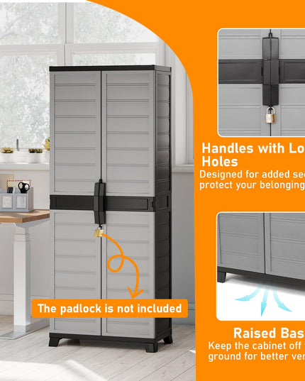 Giantex 68" Lockable Storage Cabinet | PP Garage Storage Shed with Doors & 3 Adjustable Shelves