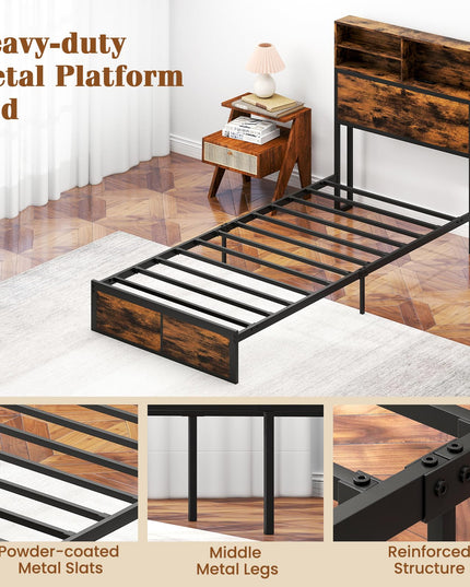 Giantex Bed Frame with Storage Headboard and Charging Station, Industrial Metal Platform Bed