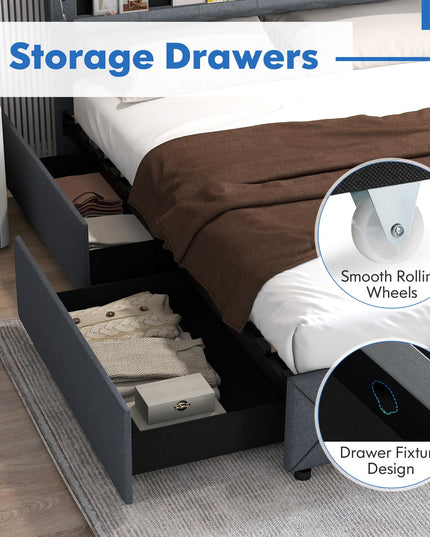 Giantex Bed Frame with Storage Headboard and 4 Drawers, Modern Upholstered Platform Bed with Charging Station