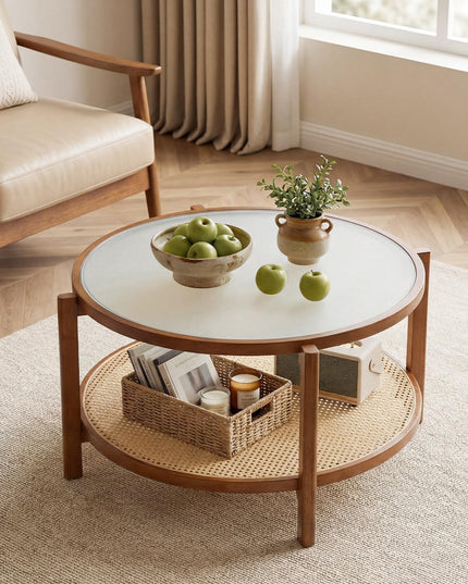 Giantex Rattan 35" Farmhouse Glass Center Table with Storage