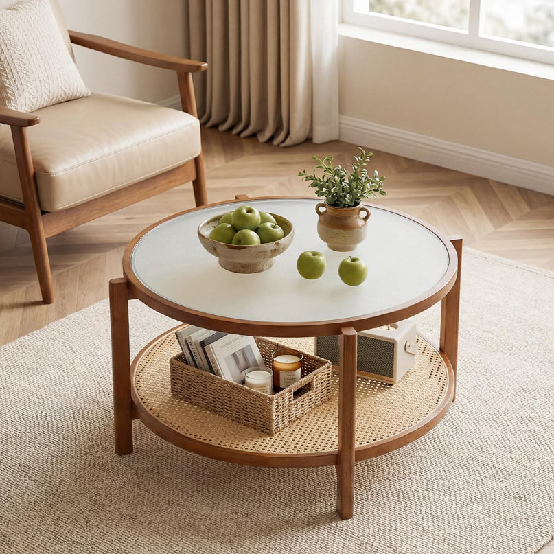 Giantex Rattan 35" Farmhouse Glass Center Table with Storage