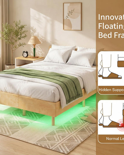 GIANTEX Wood Floating Bed Frame Twin/Full/Queen Size with Smart LED Light