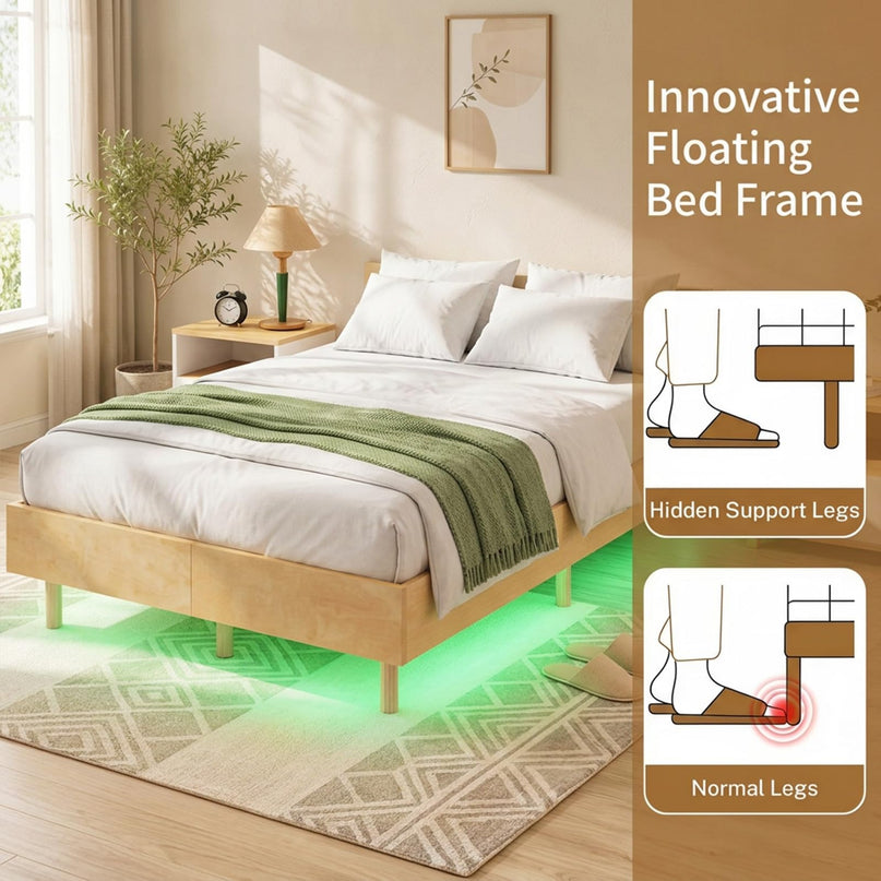 GIANTEX Wood Floating Bed Frame Twin/Full/Queen Size with Smart LED Light