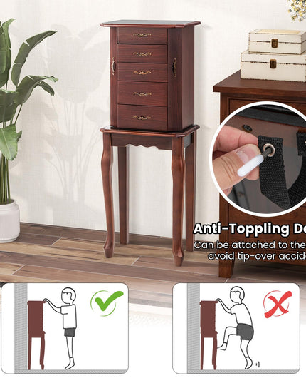 CHARMAID Standing Jewelry Organizer Cabinet with 4 Drawers, Top Storage Tray with Ring Slots, 2 Side Doors