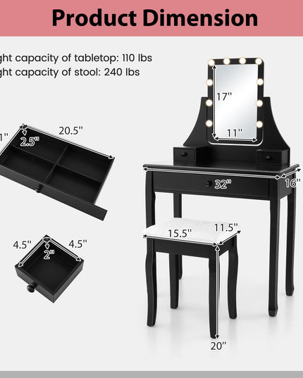 CHARMAID Makeup Vanity Desk with Lighted Mirror, 3 Color Lighting Modes, Adjustable Brightness, 3 Drawers