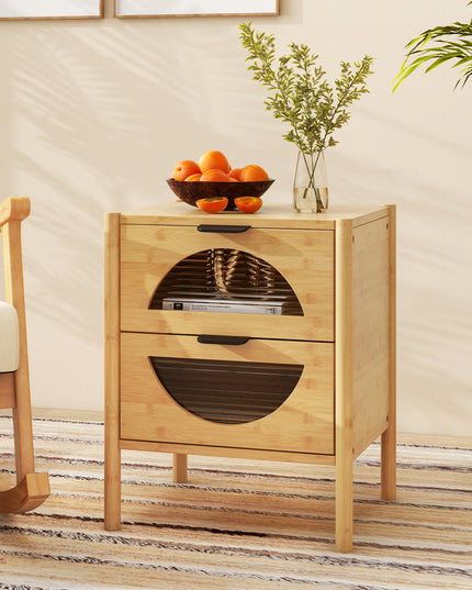 Giantex Bamboo Nightstand, Mid-Century Modern Bedside Table with 2 Storage Drawers & Tempered Glass