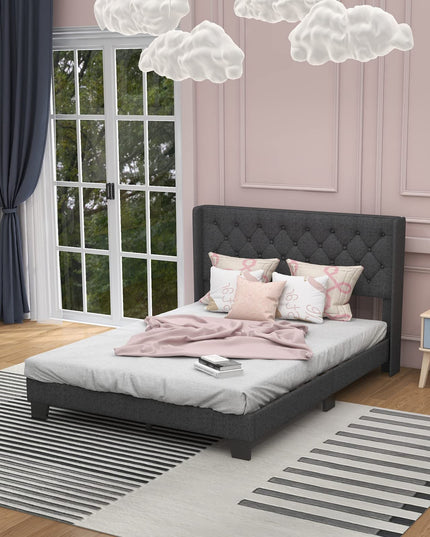 Giantex Bed Frame with Button Tufted Headboard, Modern Fabric Upholstered Platform Bed with Wingback Design, Grey