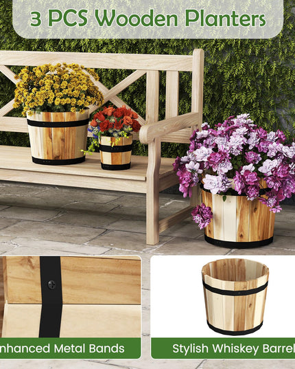 Giantex Set of 3 Barrel Planters Outdoor Acacia Wood Raised Garden Bed