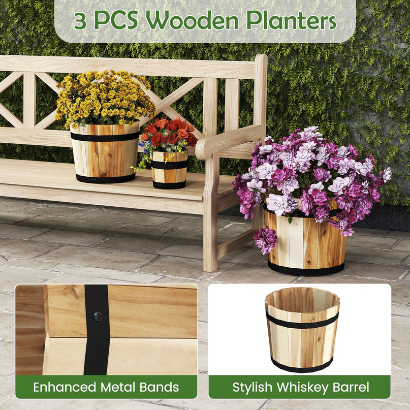 Giantex Set of 3 Barrel Planters Outdoor Acacia Wood Raised Garden Bed