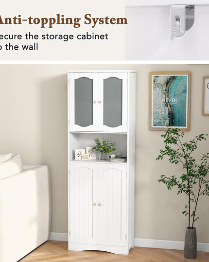 Giantex 64.5" Tall Bathroom Cabinet, Pantry Cabinet with Tempered Glass Doors, Adjustable Shelves