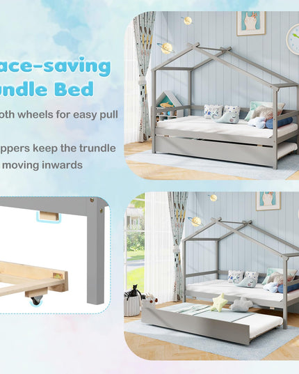 Giantex Wood House Bed for Kids, Twin Bed Frame with Trundle Bed Twin
