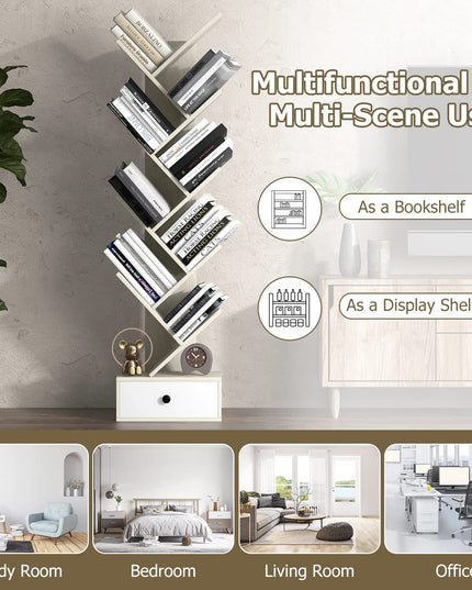 10-Tier Tree Bookshelf with Drawer, Beige - Giantex