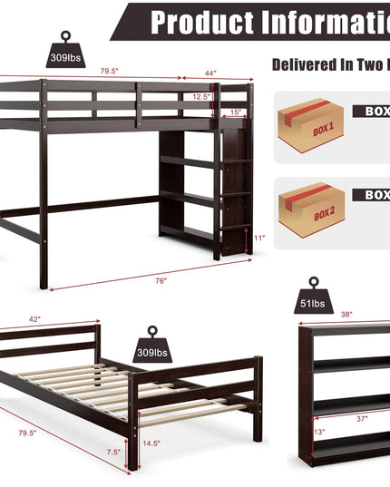 Giantex Twin Over Twin Loft Bed w/ Bookcase, Bunk Bed w/ 12.5" Full-Length Guardrail & Ladder