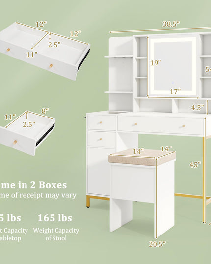 CHARMAID Vanity Desk with Mirror and Lights, White Makeup Vanity Table with Transparent Glass Tabletop