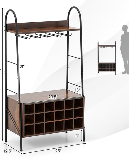 Giantex 18-Bottle Wine Rack Freestanding Floor, Kitchen Baker’s Rack w/ 15 Glasses Holder, Rustic Brown