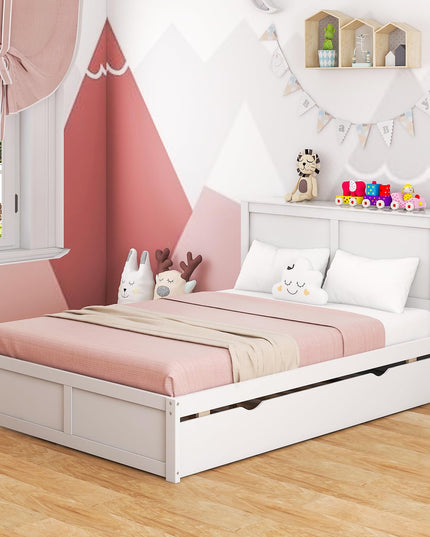 Giantex Full Bed Frame with Twin Trundle, Wooden Bed Wooden Bed Frame with 2 Rolling Bookcases & High Headboard
