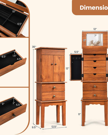 CHARMAID Jewelry Cabinet with 6 Drawers, Standing Jewelry Armoire with Flip Top Mirror, 2 Side Doors with 6 Necklace Hooks