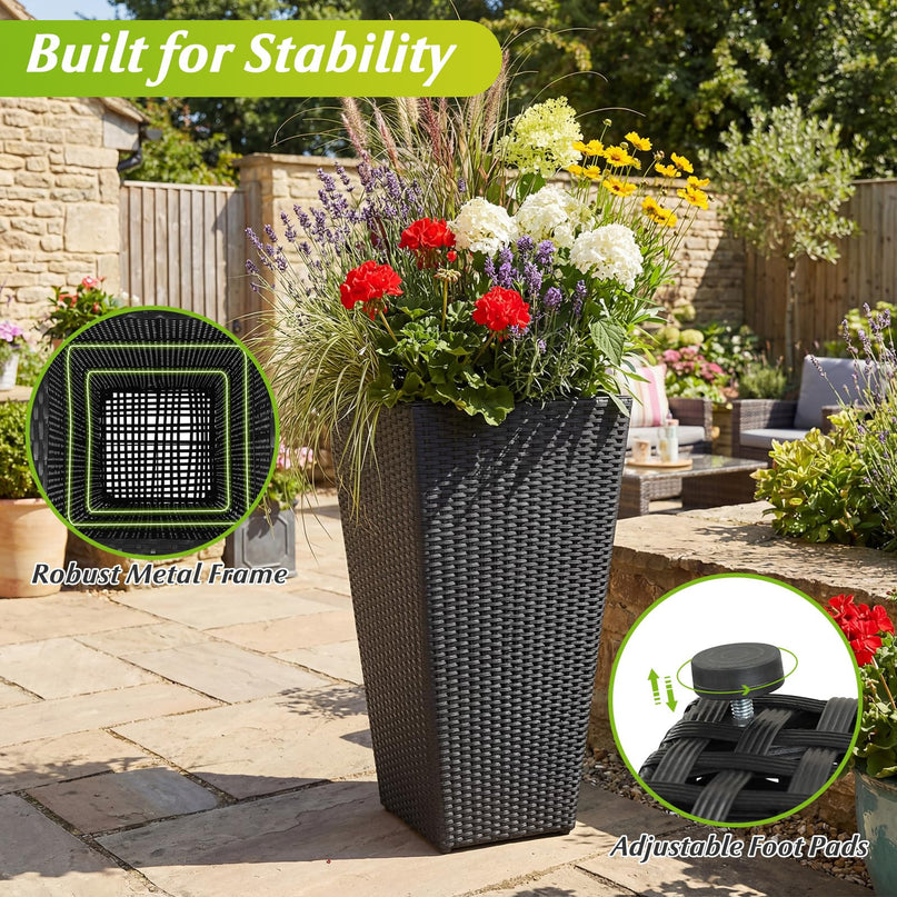 Giantex Lot de 3 jardinières hautes | Jardinières coniques en rotin de 76,2 cm, 55,9 cm et 47 cm de haut avec bacs intérieurs amovibles