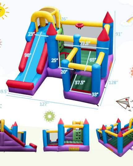 5-in-1 Inflatable Bounce Castle, Giant Blowup Jumping House with Slide for Kids w/735W Air Blower